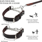 Martingale Collar for Dogs No-Pull Adjustable Training Collar with Stainless Steel Chain - Genuine Leather Anti-Slip Design for Small,Medium,Large Breed Dogs - Brown (S)