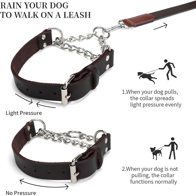 Martingale Collar for Dogs No-Pull Adjustable Training Collar with Stainless Steel Chain - Genuine Leather Anti-Slip Design for Small,Medium,Large Breed Dogs - Brown (M)