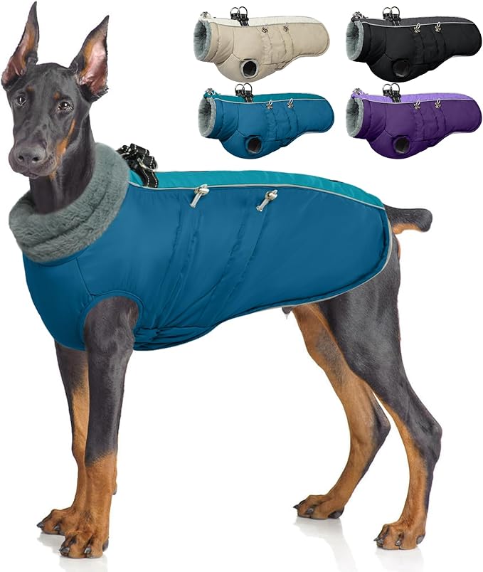 IDOMIK Warm Dog Coat with Harness, Waterproof Reflective Dog Jackets for Small Medium Large Dogs, Fleece High Collar Winter Jacket with Zipper, Pet Winter Snowsuit Clothes for Cold Weather,Blue XL