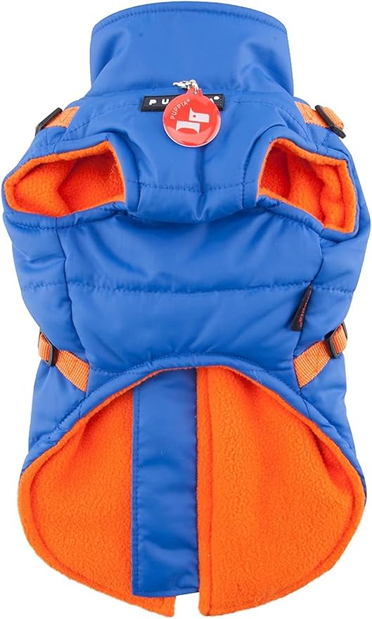 Puppia Mountaineer Winter Dog Coat with integrated harness No Pull Cold Weather Waterproof Warm Fleece Back Zipper for Small & Medium Dog, ROYAL BLUE, Medium