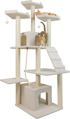 Armarkat B8201 Classic Real Wood Cat Tree in Ivory, Multi Levels with Ramp, Three Perches, Rope Swing, Two Condos