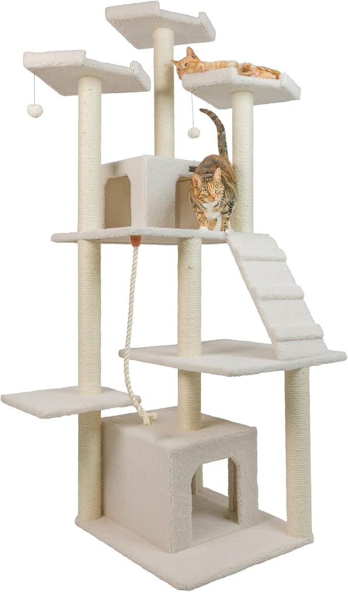 Armarkat B8201 Classic Real Wood Cat Tree in Ivory, Multi Levels with Ramp, Three Perches, Rope Swing, Two Condos