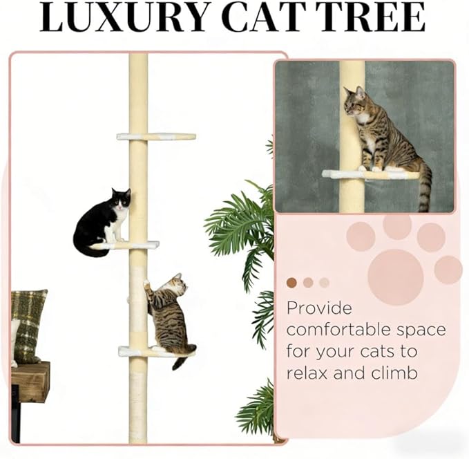 Floor-to-Ceiling Cat Tree, 4-Tier, 18.5x13.5x102.3 Inches, All Breed Sizes, Climbing and Cuddling, Fabric and Particle Board, Floor Mount
