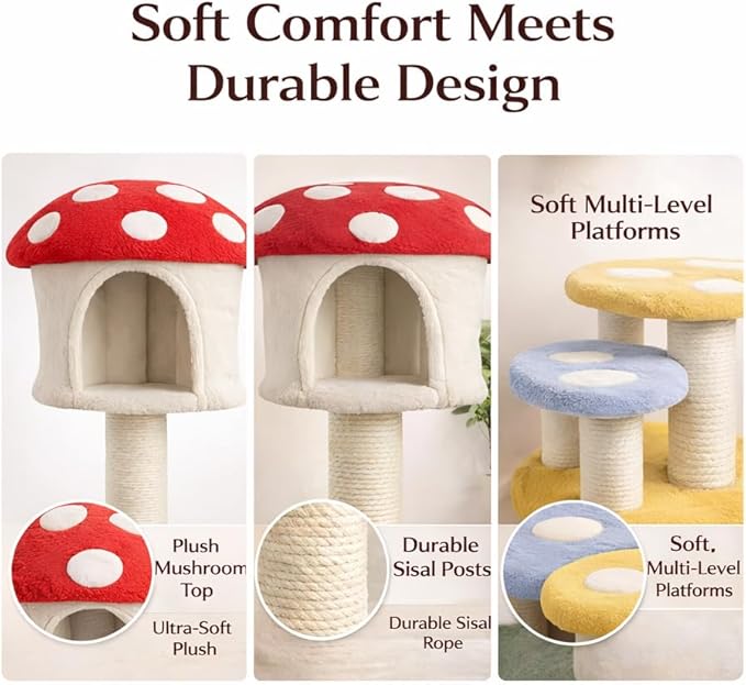 59” Mushroom Cat Tree with Large Condo & Multi-Level Platforms, Cat Tower with 2 Hideouts, Sisal Scratching Posts & Plush Perches, Tree-Trunk Design, 24” Wide Base (Mushroom-AA)