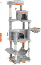 Multi-Level Cat Tree,69 Inches Tall Cat Tower with 2 Plush Condos,Hammock and Plush Perch, Scratching Posts and Pompoms,Gray Cat House for Indoor Cats