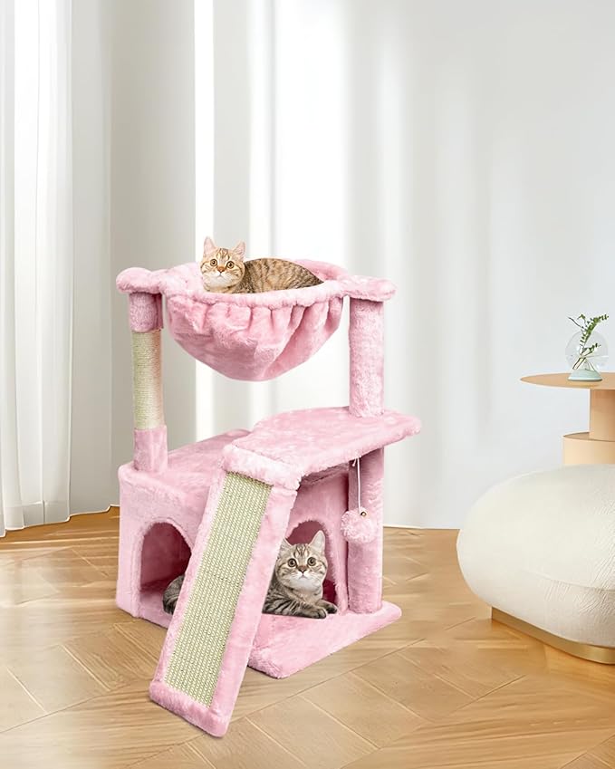 SYANDLVY Cat Tree for Indoor Cats Large Adults, Modern Activity Tower with Scratching Posts & Board, Condo with Plush Perch, Climbing Stand with Cradle & Hanging Ball for Play, Pink