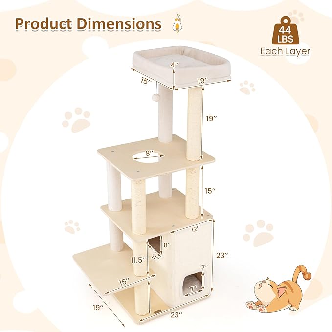63" Tall Wooden Cat Tree, Indoor Kitten Tower with 2-Story Condo, Plush Padded Top Perch, Sisal Scratching Posts & Mat, Dangling Ball, Multi-Level Climbing Stand, Modern Indoor Pet Furniture