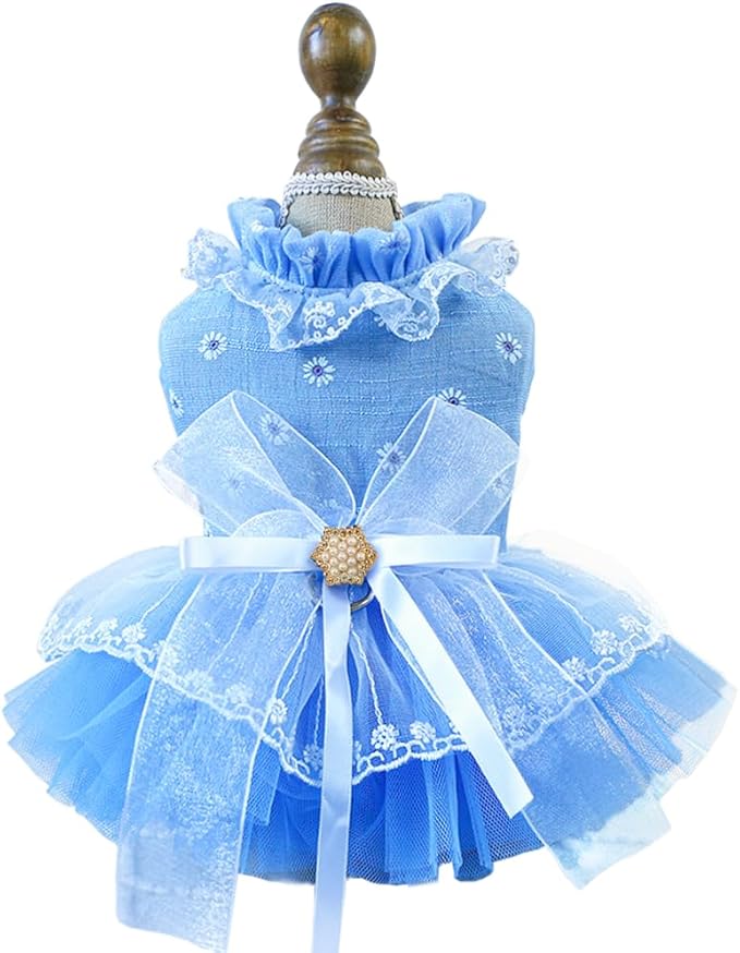 ANIAC Daisy Small Dog Dresses Female with Leash Ring,Bow Knot Girl Puppy Wedding Dress,Valentine's Cat Outfit,Fancy Pet Party Dress for Kitten Chihuahua Yorkie Pomeranian (Blue, X-Small)