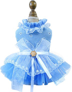 ANIAC Daisy Small Dog Dresses Female with Leash Ring,Bow Knot Girl Puppy Wedding Dress,Valentine's Cat Outfit,Fancy Pet Party Dress for Kitten Chihuahua Yorkie Pomeranian (Blue, X-Small)