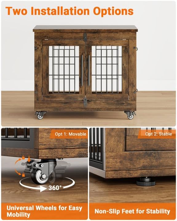 Dog Crate Furniture with Cushion Set of 2, Wooden Dog Kennel Indoor with Double Doors, Dog Cage with Wheels, Dog House Side End Table for Small Dogs up to 30 lb, 27.2" L, Rustic Brown