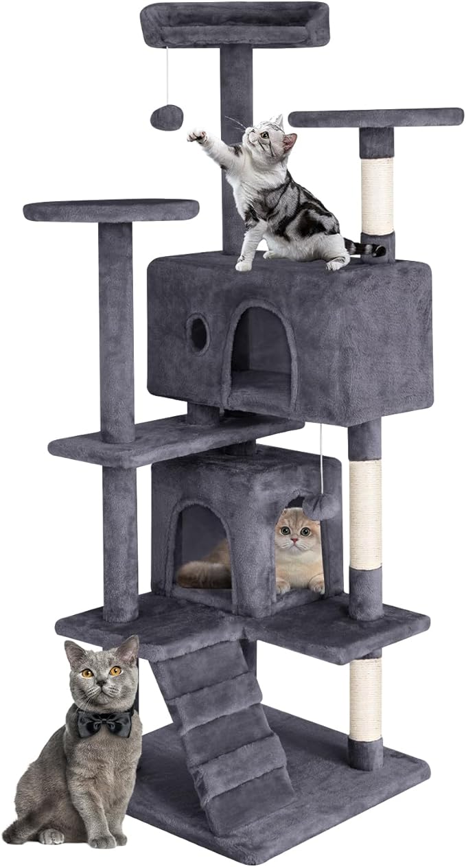 Cat Tree 53 inches Cat Tower for Indoor Cats Cat House with Replaceable and Removable Dangling Ball Cat Trees and Towers with Funny Toys, ASHY