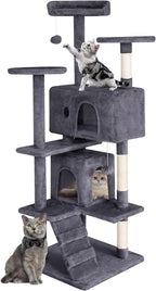 Cat Tree 53 inches Cat Tower for Indoor Cats Cat House with Replaceable and Removable Dangling Ball Cat Trees and Towers with Funny Toys, ASHY
