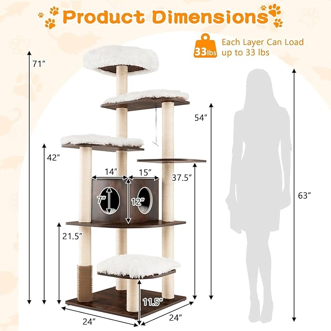 COSTWAY 71-inch Cat Tree, 7-Layer Cat Tower with Scratching Posts, Self Groomer, Top Perch & Private Condo, Retro Cat Activity Center with Washable Cushions for Indoor Cats (Brown)