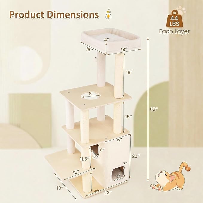 Tangkula Tall Cat Tree, 63 Inch Multi-Level Wood Cat Tower with Sisal Scratching Posts & Mat, 2-Story Condo, Plush Padded Top Perch, Dangling Ball, Modern Cat Tree Tower for Indoor Cats Large Adult