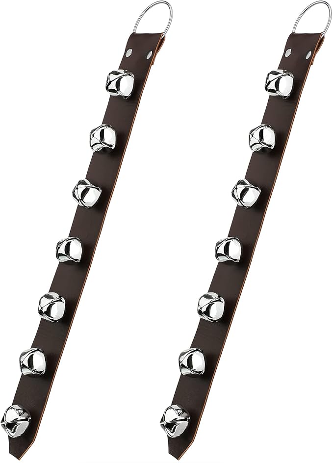 Frienda Hanging Jingle Sleigh Bells 7-Bell Dog Doorbells for Door Knob Faux Leather Belts Go Outside Dog Bells Christmas Decor and Holiday Decorations, 18.7 x 1.8 x 1 Inches(Brown with Silver)