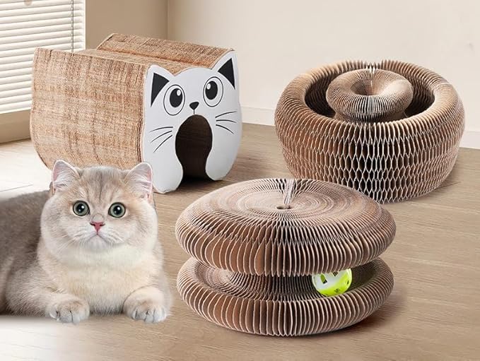 Recycled Corrugated Cardboard Cat Scratching Board with Toy Ball – Interactive Scratch Pad for Indoor Cats, Eco-Friendly & Durable Play Surface