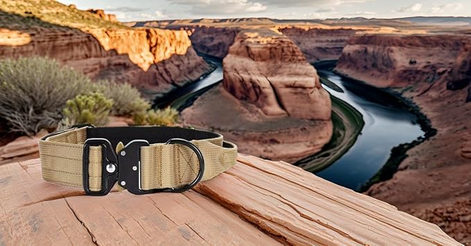 Heavy Duty Tactical Dog Collar, Adjustable Nylon with Metal Buckle, Multiple Colors (Tan, XL)