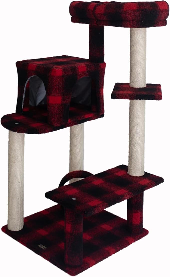 Cat Tree - 50" Plaid Cat Condo with Scratching Posts, Lounger & Veranda