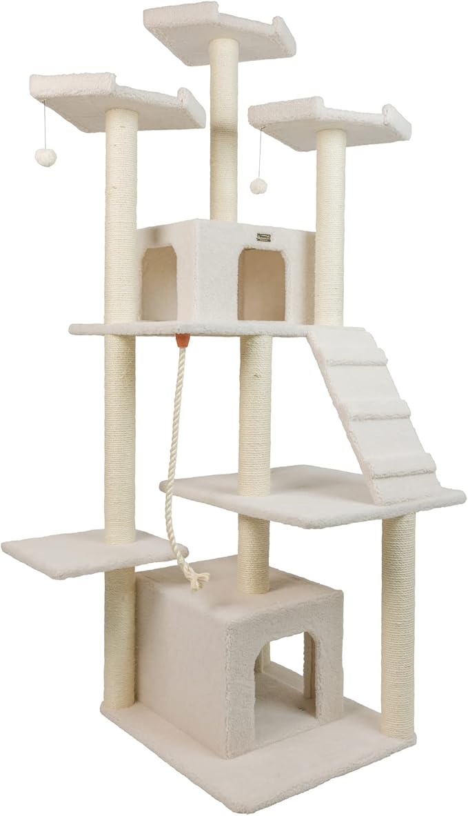 Armarkat B8201 Classic Real Wood Cat Tree in Ivory, Multi Levels with Ramp, Three Perches, Rope Swing, Two Condos