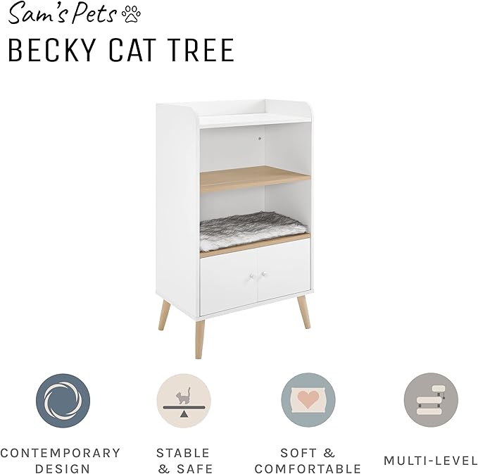 Sam's Pets Becky 39" Single Rest Cat Tree, White - Drawer, Bookshelf, Multi-Use, Soft Fur Cushion, Elevated Wooden Legs