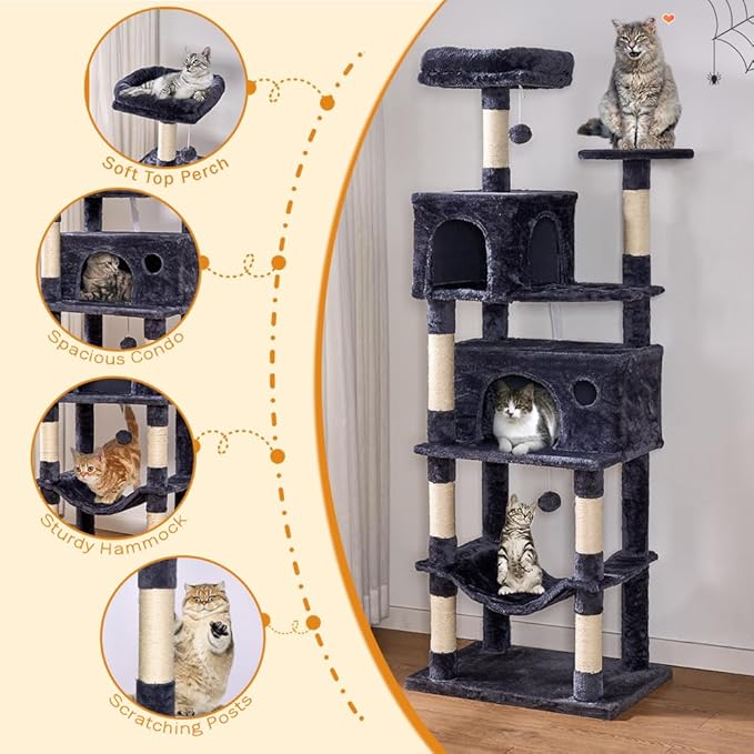 Heavy Duty Cat Tree,67in Multi-Layered Tall Cat Tower for Indoor Large Adult Cats,XL Compact Cat Stand with Hammock,Sisal Scratching Post,Removable Plush Perch,Condo,Dark Gray (Dark Gray)