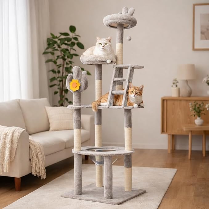 Cat Tree, 72in Indoor Cactus Cat Tree with Transparent Capsule, Sisal Scratching Posts, Plush Perches and Interactive Toys for Kittens and Large Cats, Gray