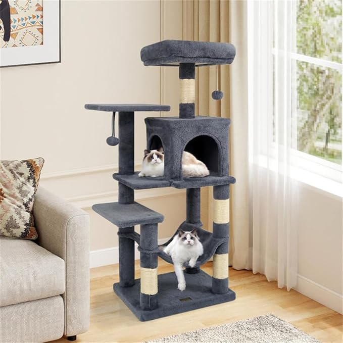 SUBARASHII 44" Multi-Level Cat Tree with Spacious Top Perch, 2-Door Condo & Hammock for Indoor Cats -Gray