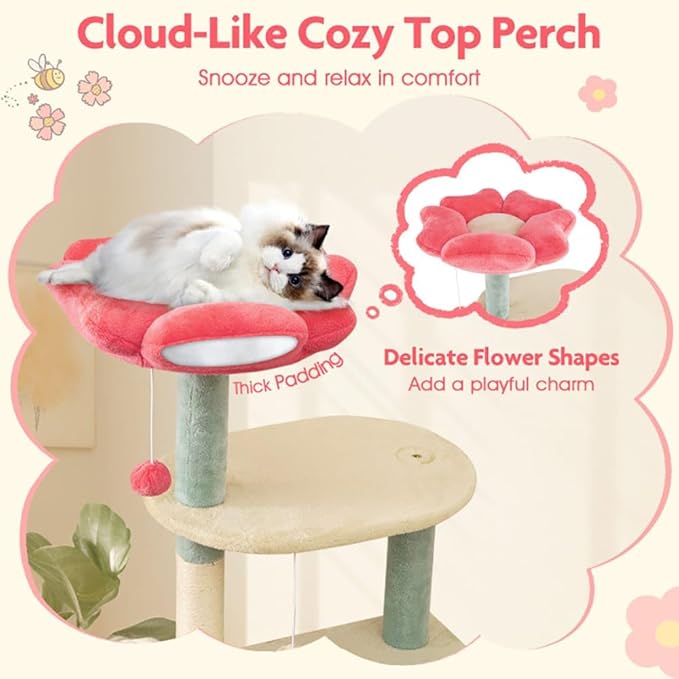 Cat Tree, 61 Inch Multi-Level Floral Kitten Tower with Flower Perch, Plush Platforms, Sisal Scratching Posts, Spring Ball Toy for Indoor Cats