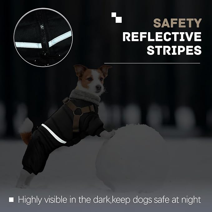 BRKURLEG Black Dog Coat with Harness, Dog Winter Jacket, Dogs Onesie Body Warm Jackets, Small Medium Dogs Winter Coats Reflective Windproof Warm Cold Weather Coats, Pet Waterproof Jacket Hiking XXL