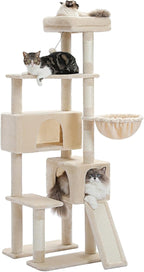 PEQULTI 60'' Cat Tree, Tall Cat Tower with 2 Large Condos, Wide Top Perch, Cozy Hammock and Sisal Scratching Posts for Indoor Cats Lare Adult Beige