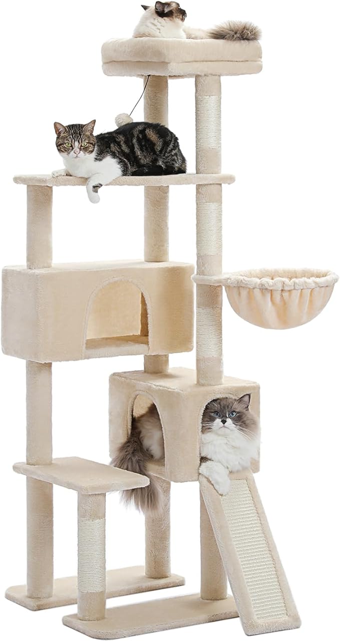 PEQULTI 60'' Cat Tree, Tall Cat Tower with 2 Large Condos, Wide Top Perch, Cozy Hammock and Sisal Scratching Posts for Indoor Cats Lare Adult Beige
