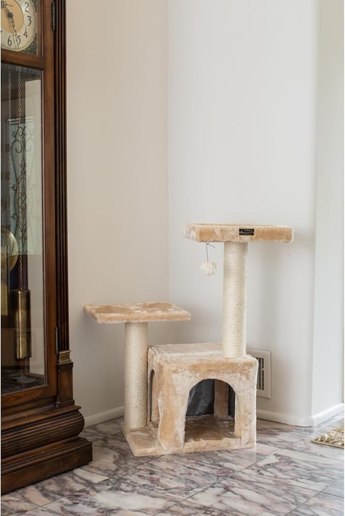 Cat Tree 32" Wood Condo - Beige Indoor Kitty Tower, Scratching Post, Perches for Kittens