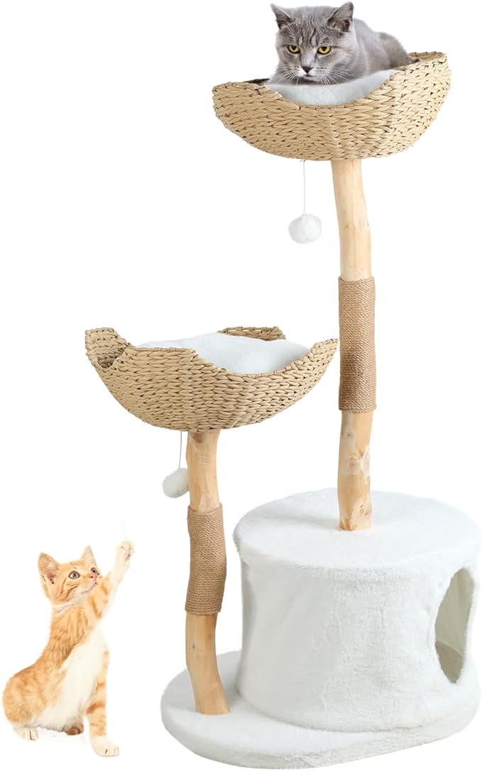 46'' Cat Tree, Wooden Modern Cat Tower with 2 Woven Baskets & Scratching Post, Indoor Cats Activity Center, Climbing Tower with Cozy Cave, Sturdy Cats Furniture for Kittens & Large up to 22lb