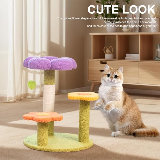 Flower Cat Tree Tower Cat Climbing Frame Sisal Wrapped Cute Cat Tree Multi-Function Small Cat Tower 3 Layer for Playtime and Relaxation
