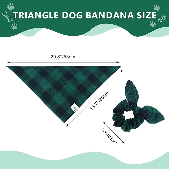 E-Clover St Patricks Day Dog Bandanas & Matching Scrunchie Set Plaid Dog Bibs Scarf Boy Triangle Kerchief Bandana for Small Dogs Puppy Birthday Gifts Pet Owner Mom Green Spring