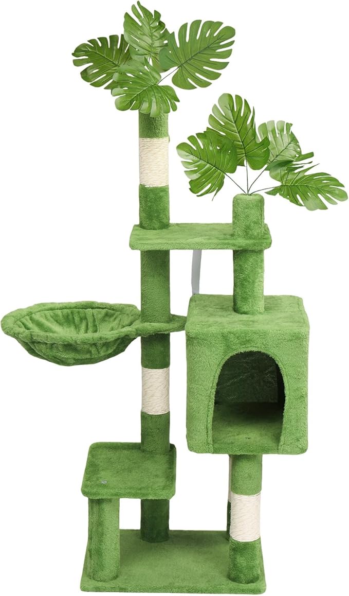 48in Plush Cat Tree with Leaves,Multi-Level Cats Tower,Large Pet Activity Center,with Sisal Scratching Post, Cat Condo, Padded Beds, Cozy Hammock,for Kittens and Indoor Cats (Green)