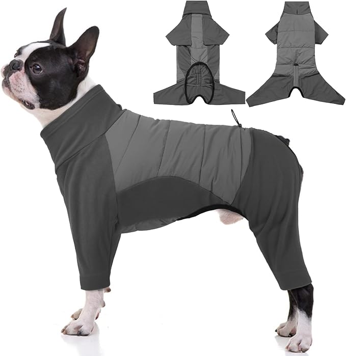 BRKURLEG Full Body Dog Winter Coat Warm Fleece Pullover Pajamas, Four Legs Covered Windproof Dog Jacket for Small to Large Dogs, Turtleneck Dogs Snowsuit, Pet Cold Weather Clothes, Grey L
