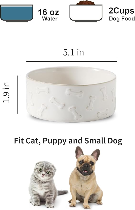 UBEE Ceramic Dog Bowl Set of 2, 5.1 inch Dog Food Bowl Dish, Pet Food Water Dish Feeding for Small Dogs and Large Cat, Bone + Paw Pattern, 5.1 in-Small, White