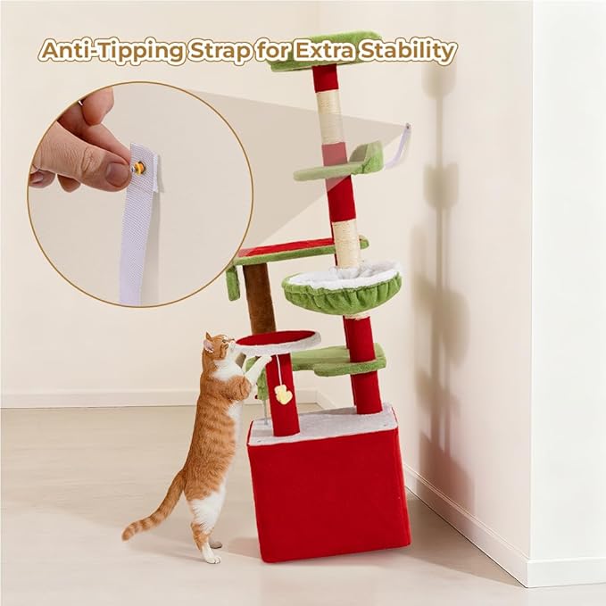 AQUILLA 55.1in Christmas Cat Tree Tower for Indoor Cats, Multi-Level Cat Condo with Sisal Scratching Posts, Cozy Hammock & Top Perches, Red & Green Holiday Pet Play House for Large Cats and Kittens