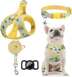EXPAWLORER Small Dog Harness and Leash Set - Cute Puppy Harness Leash Dog Collar with AirTag Holder Silicone Case, Soft Padded Step in Pet Vest Reflective for Outdoor Walking, Pineapple M