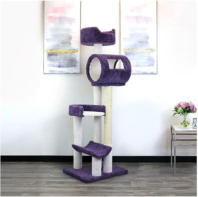 Retro Relaxation Multi-Level Cat Cat Climbing Tower Cat Tree, Solid Wood and Carpet Construction, Modern Cat Tree with Scratch Post and Sturdy Base