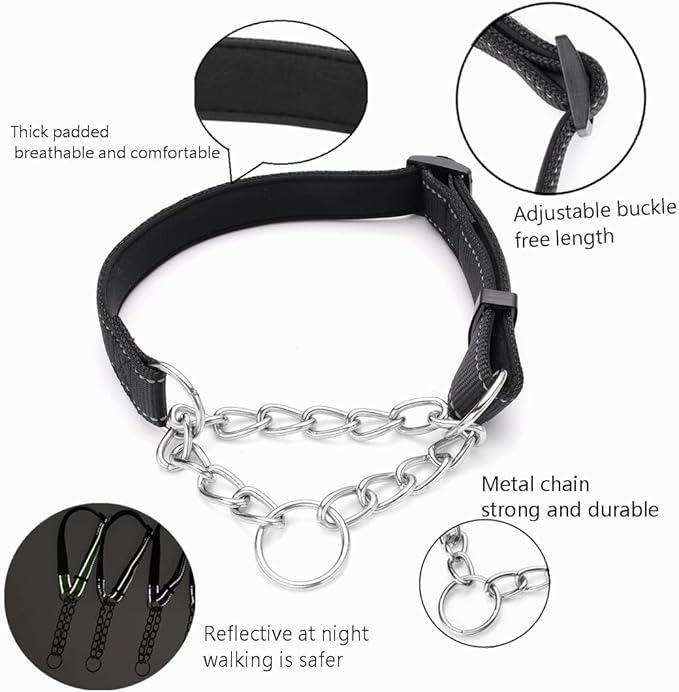 Martingale Dog Collars Adjustable Soft Nylon Reflective Collars with Stainless Steel Chain Walking Training Collars Heavy-Duty Puppy Chain Collars for Small,Medium,Large Dogs(Black,S)