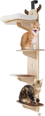 4-Tier Door Hanging Cat Tree, Wooden Door Mounted Vertical Cats Climbing Frame, Bearing Cat Climbing Rack with Cat Nest for Stair, Foyer, Living Room, Enclosed Balcony, Capacity Up to 44.09-55.12 lbs