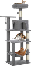 PEQULTI 56.3'' Cat Tree for Indoor Cats, Multi-Level Cat Tower with 2 Top Perch, Cat Condo, Hammock and Sisal-Covered Scratching Post, Grey
