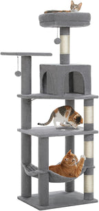 PEQULTI 56.3'' Cat Tree for Indoor Cats, Multi-Level Cat Tower with 2 Top Perch, Cat Condo, Hammock and Sisal-Covered Scratching Post, Grey