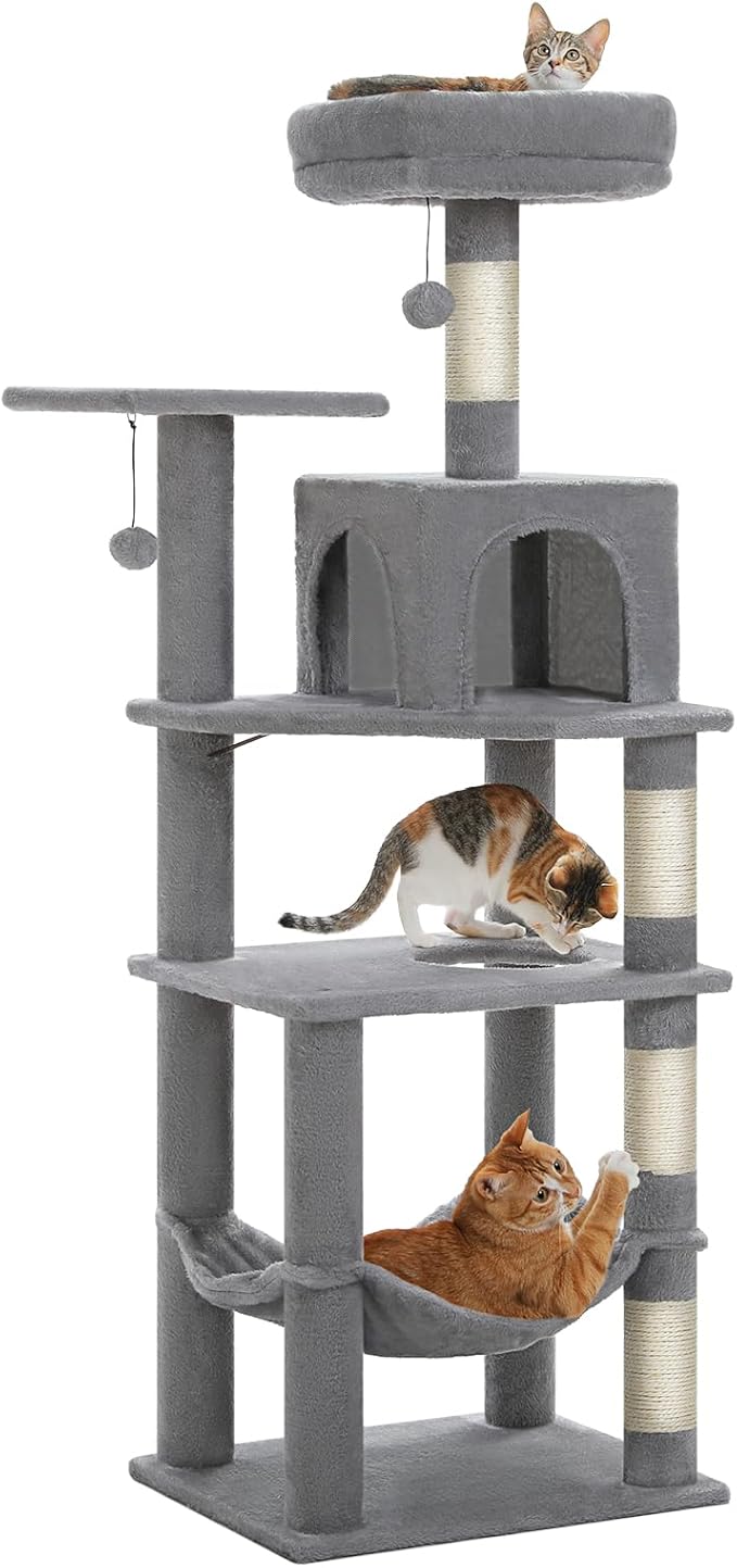 PEQULTI 56.3'' Cat Tree for Indoor Cats, Multi-Level Cat Tower with 2 Top Perch, Cat Condo, Hammock and Sisal-Covered Scratching Post, Grey
