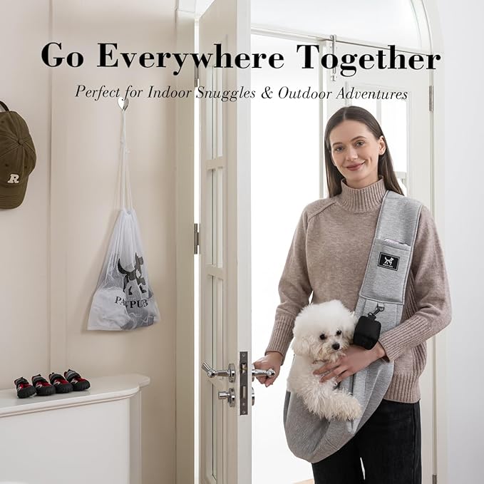 Dog Sling Carrier for Small Dogs Cats up to 15 lbs - Hands Free Puppy Carrier Bag (Plus Size L) - Ergonomic Padded Shoulder Strap & Safety Hook Based on Owner's Bust Length, Light Gray