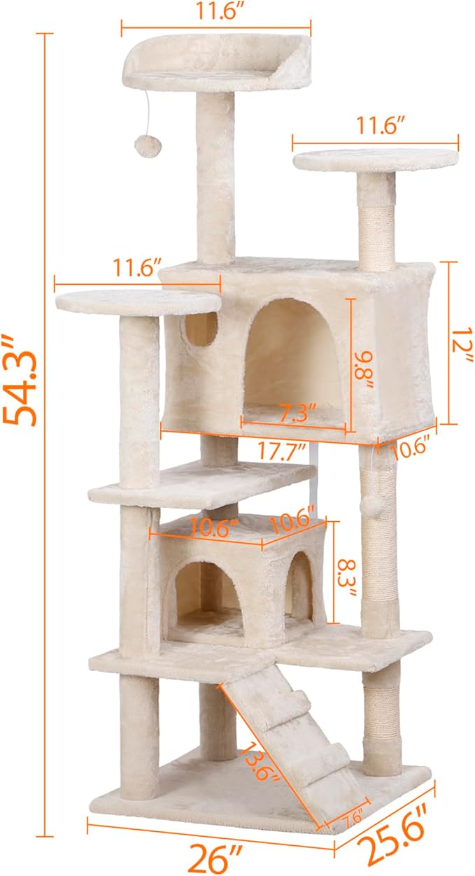 ZENY 55 inches Cat Tree with Sisal-Covered Scratching Posts and 2 Plush Rooms Cat Furniture for Kittens