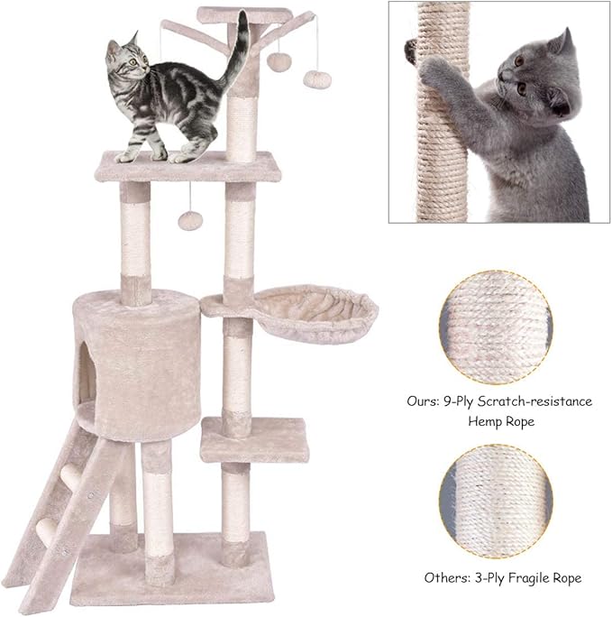 S AFSTAR 56 Inch Cat Tree Tower Condo, Multi-Level Cat Furniture Activity Center with Cat Scratching Posts, Climbing Ladder, Round House Cat Condo for Kittens Kitty Pet (Beige)