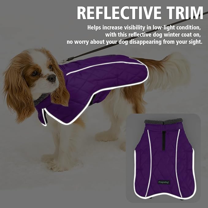 Fragralley Dog Coat Large, Waterproof Dog Jacket with Warm Fleece Lining, Adjustable Reflective Dogs Winter Coat, Turtleneck Pet Coats for Cold Weather (Purple L)